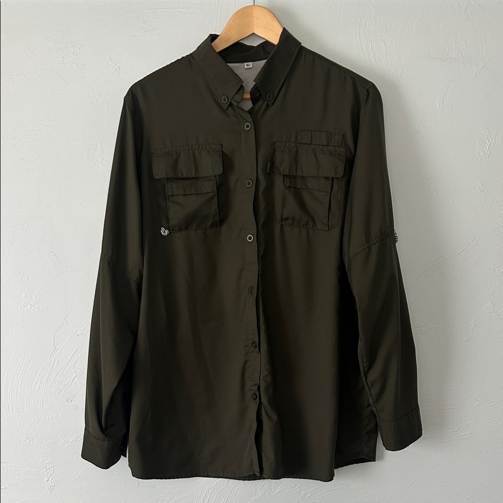 Men's Olive Green Button-Up Utility Shirt Jacket